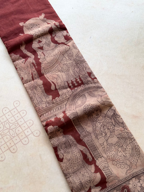Kalahasti Pen Kalamkari Kota Saree – Rust & Beige Monochrome Elegance