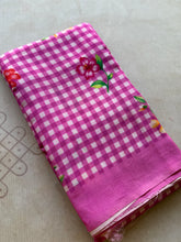 Pure Mangalgiri Silk Fuchsia Pink Gingham Checks Saree with Floral Digital Prints