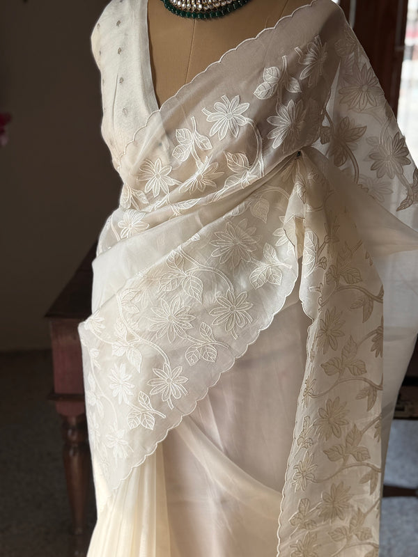 Organza Floral Embroidered Saree with Scalloped Edges
