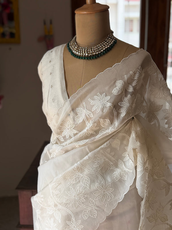 Organza Floral Embroidered Saree with Scalloped Edges