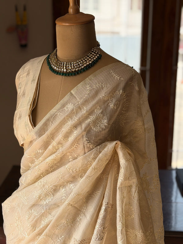 Kota Silk Embroidered Saree – Elegant Ivory Gold Weave