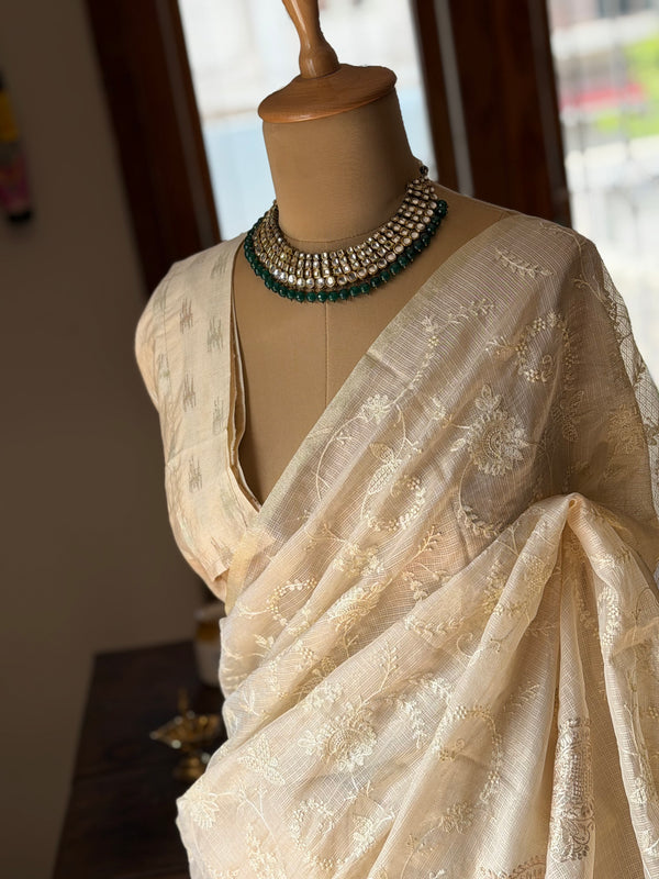 Kota Silk Embroidered Saree – Elegant Ivory Gold Weave