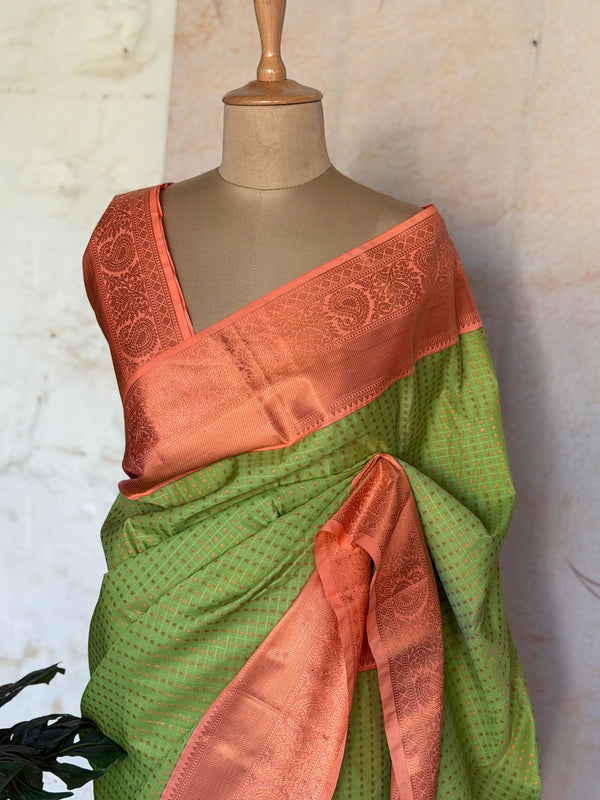 Semi Kanchi Silk Saree with Zari Checkered & Mango Border