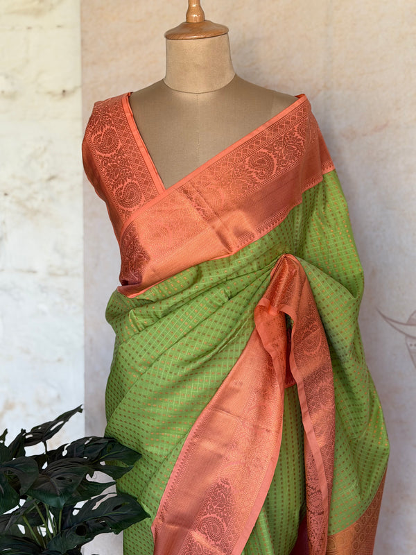 Semi Kanchi Silk Saree with Zari Checkered & Mango Border