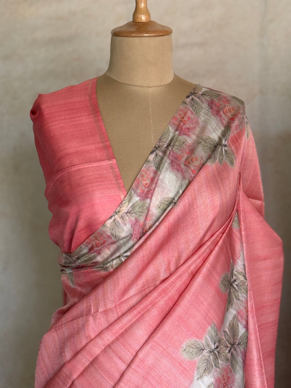 Pallavi - Blush Pink Tussar Silk Saree with Floral Printed Border & Pallu