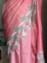 Pallavi - Blush Pink Tussar Silk Saree with Floral Printed Border & Pallu