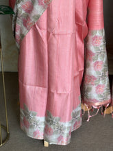 Pallavi - Blush Pink Tussar Silk Saree with Floral Printed Border & Pallu