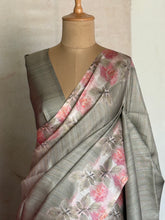 Pallavi - Sage Mist Tussar Silk Saree with Floral Printed Border & Pallu