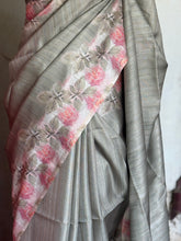 Pallavi - Sage Mist Tussar Silk Saree with Floral Printed Border & Pallu
