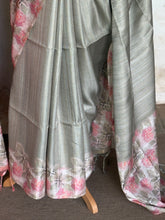 Pallavi - Sage Mist Tussar Silk Saree with Floral Printed Border & Pallu