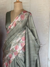 Pallavi - Sage Mist Tussar Silk Saree with Floral Printed Border & Pallu