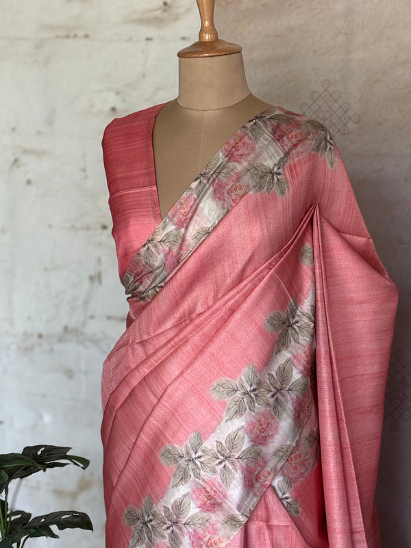 Pallavi - Blush Pink Tussar Silk Saree with Floral Printed Border & Pallu
