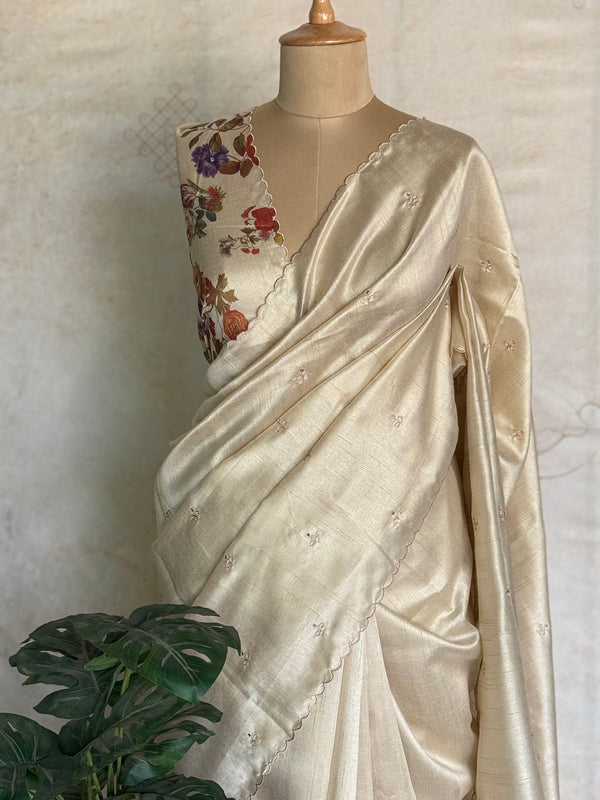 Vasiga - Ivory Bloom Tussar Saree