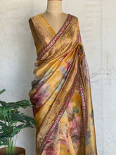 Pure Organza Digital Printed Saree – Golden Floral Elegance