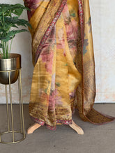 Pure Organza Digital Printed Saree – Golden Floral Elegance