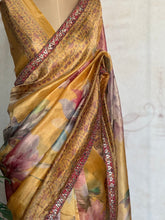 Pure Organza Digital Printed Saree – Golden Floral Elegance