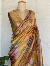 Pure Organza Digital Printed Saree – Golden Floral Elegance