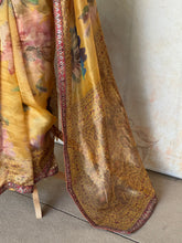 Pure Organza Digital Printed Saree – Golden Floral Elegance