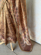 Pure Organza Digital Printed Saree – Elegant Brown Zari Border