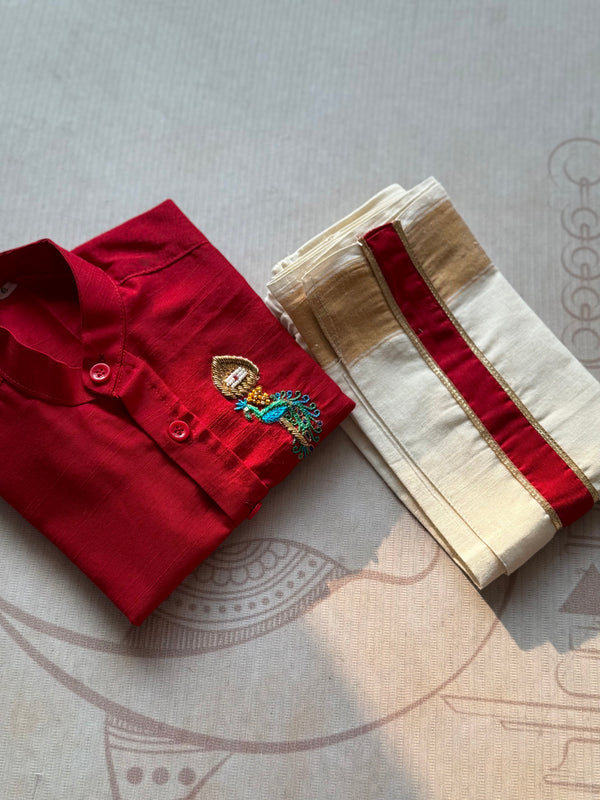 Velum Mayilum Hand-Embroidered Boys Temple Shirt & Dhoti Set — South Indian Traditional Ethnic Wear