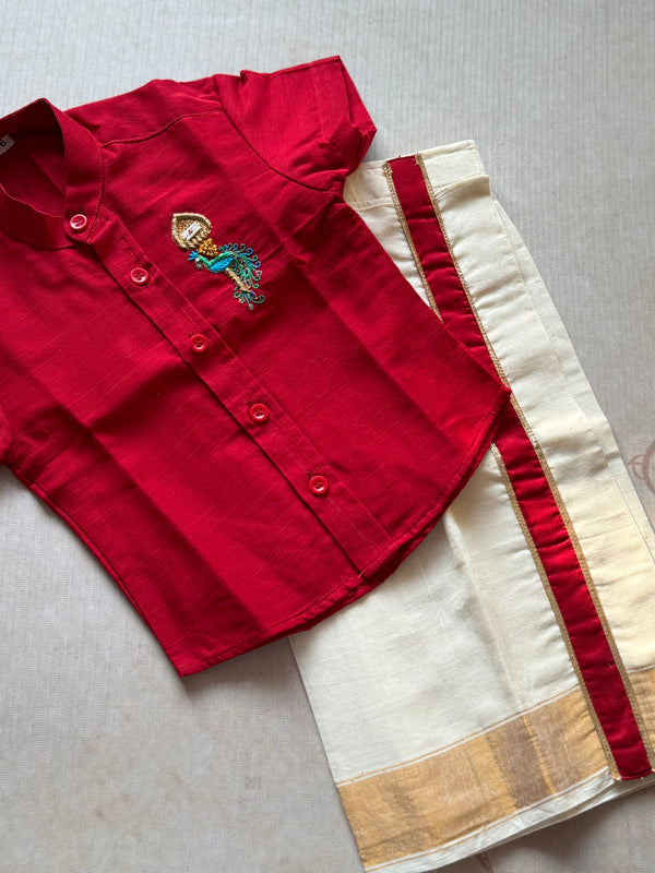 Velum Mayilum Hand-Embroidered Boys Temple Shirt & Dhoti Set — South Indian Traditional Ethnic Wear