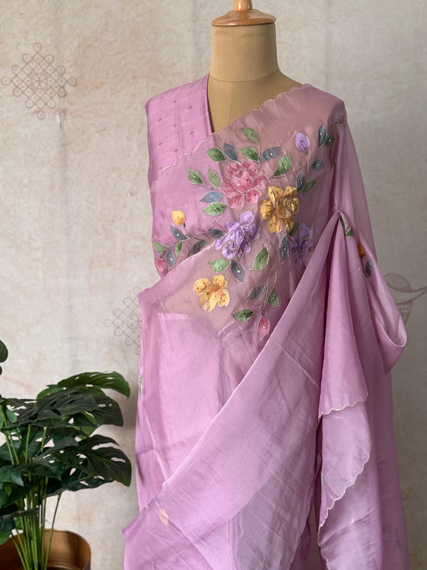 Subhira - Hand-Embroidered Soft Organza Saree with Floral Hand-Painted Motifs & Scalloped Edges