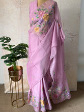 Subhira - Hand-Embroidered Soft Organza Saree with Floral Hand-Painted Motifs & Scalloped Edges