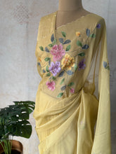 Subhira - Hand-Embroidered Soft Organza Saree with Floral Hand-Painted Motifs & Scalloped Edges