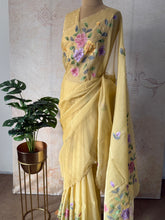Subhira - Hand-Embroidered Soft Organza Saree with Floral Hand-Painted Motifs & Scalloped Edges