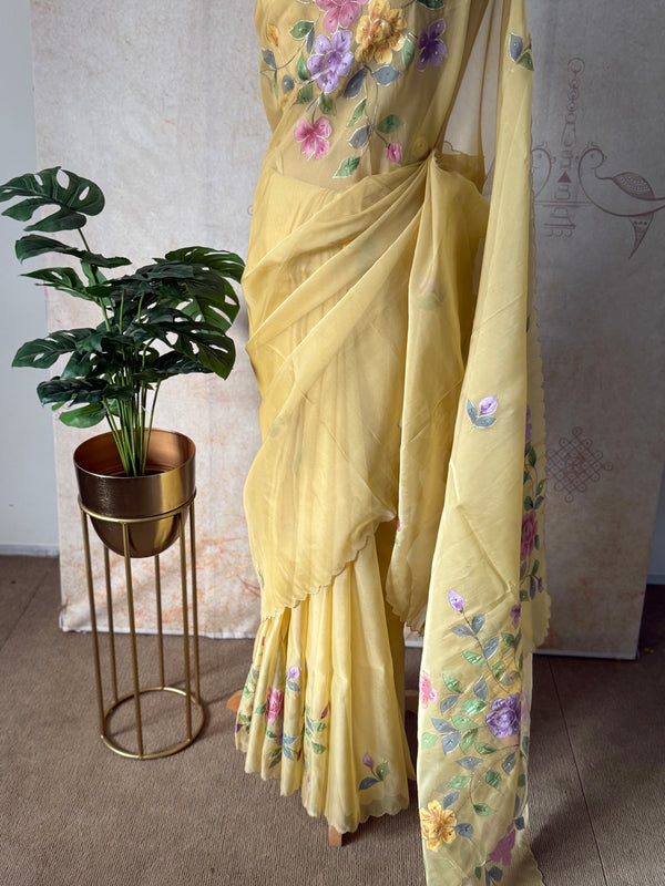 Subhira - Hand-Embroidered Soft Organza Saree with Floral Hand-Painted Motifs & Scalloped Edges