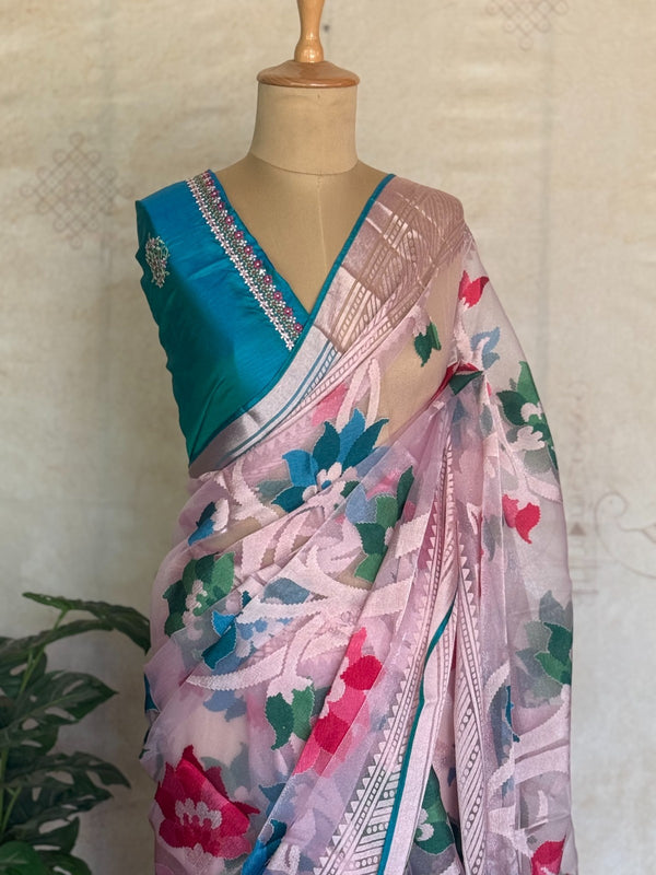 Blush Bloom Brasso Saree with Floral Weaves & Geometric Pallu