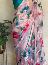 Blush Bloom Brasso Saree with Floral Weaves & Geometric Pallu
