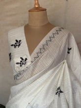 Hand Embroidered Matka Silk Saree – Ivory White with Floral & Bird Pallu