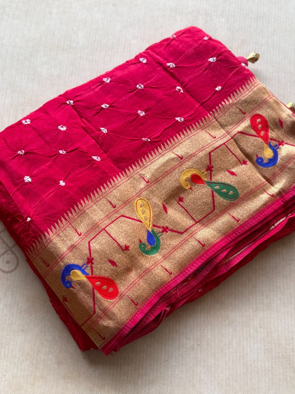Krishvi - Pure Viscose Bandhini Saree With Paithani Border & Pallu