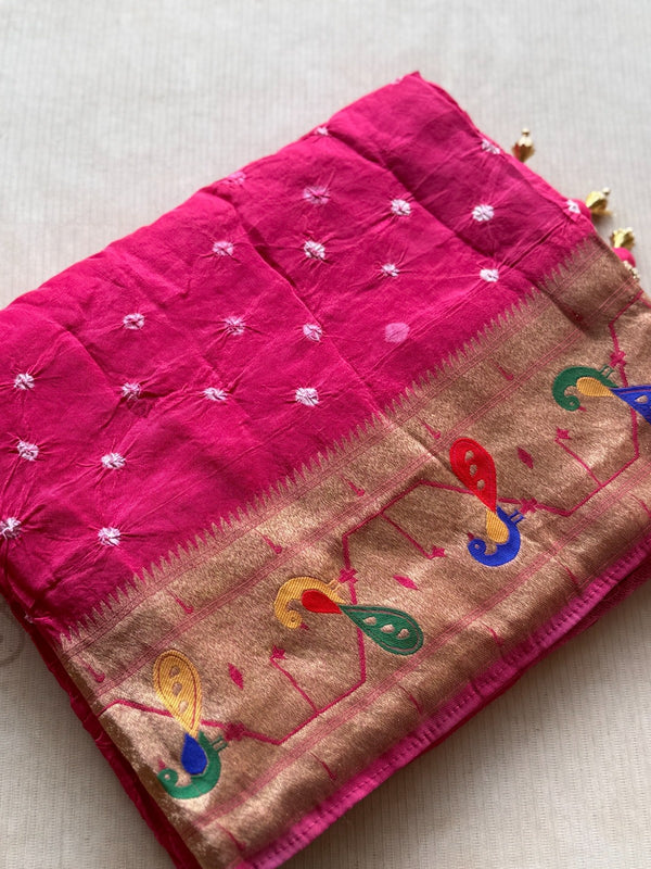 Krishvi - Pure Viscose Bandhini Saree With Paithani Border & Pallu