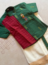 Velum Mayilum Hand-Embroidered Boys Temple Shirt & Dhoti Set — South Indian Traditional Ethnic Wear Onam Edit