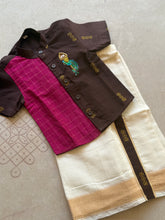 Velum Mayilum Hand-Embroidered Boys Temple Shirt & Dhoti Set — South Indian Traditional Ethnic Wear Onam Edit