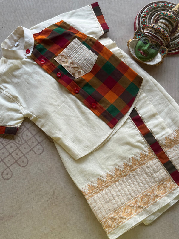 Vaishnava Boys Cotton Shirt & Dhoti Set with Chettinad Checks — Onam Edit