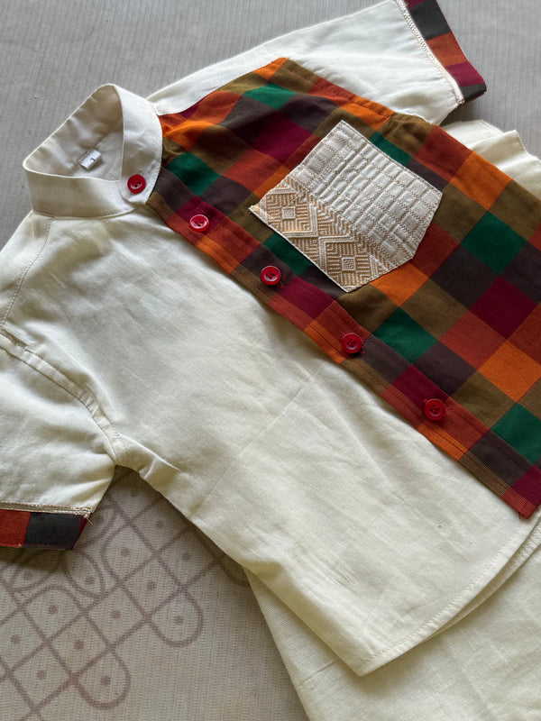 Vaishnava Boys Cotton Shirt & Dhoti Set with Chettinad Checks — Onam Edit