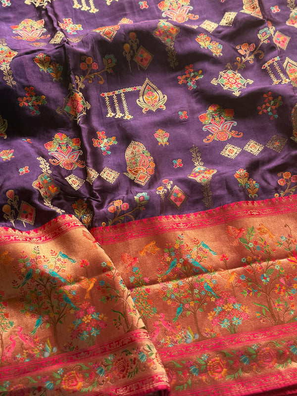 Pure Pashmina Banarasi Silk Saree – Plum Purple with Multicolour Floral & Peacock Pallu