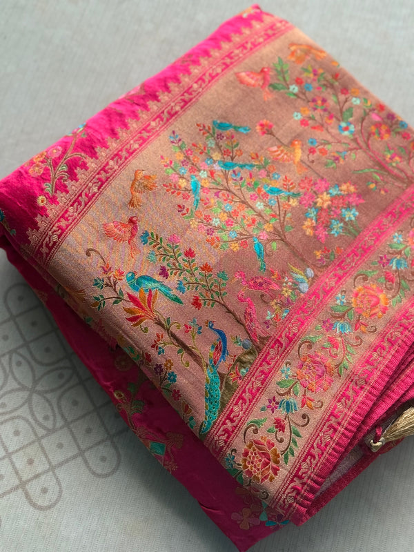 Pure Pashmina Banarasi Silk Saree – With Multicolour Floral & Peacock Pallu