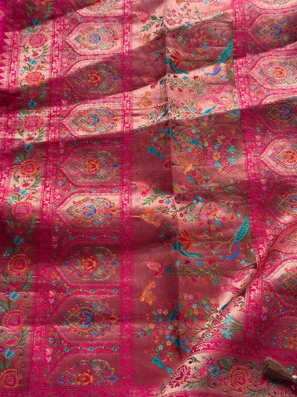 Pure Pashmina Banarasi Silk Saree – With Multicolour Floral & Peacock Pallu