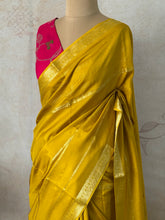 Prashi - Mustard Antique Banarasi Crepe Silk Saree with Zari Lines & Pink Meenakari Blouse