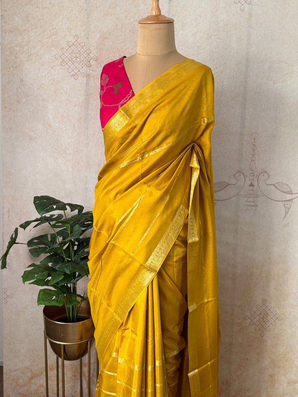 Prashi - Mustard Antique Banarasi Crepe Silk Saree with Zari Lines & Pink Meenakari Blouse