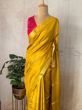 Prashi - Mustard Antique Banarasi Crepe Silk Saree with Zari Lines & Pink Meenakari Blouse
