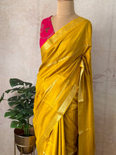 Prashi - Mustard Antique Banarasi Crepe Silk Saree with Zari Lines & Pink Meenakari Blouse