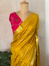 Prashi - Mustard Antique Banarasi Crepe Silk Saree with Zari Lines & Pink Meenakari Blouse