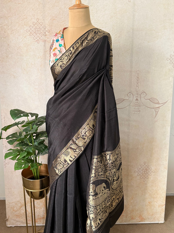 Dola Silk Saree with Antique Gold Elephant Zari Border & Grand Pallu