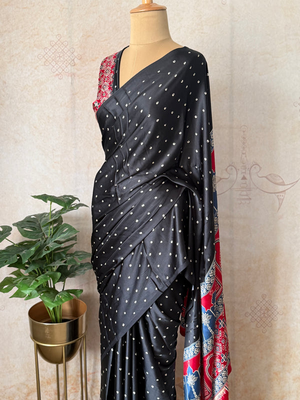Black Modal Saree with Silver Buttas with Ajrakh Pallu