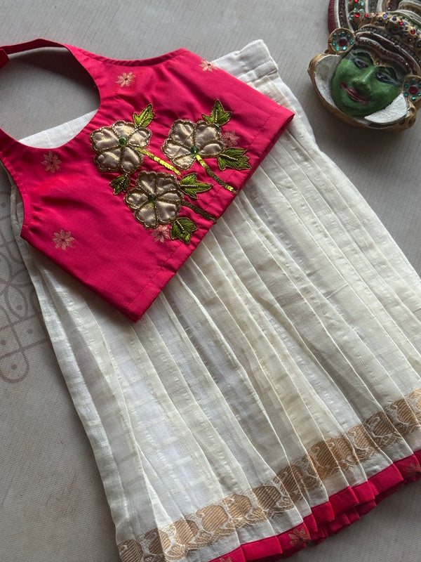 Chembaruthi - Crop Top & Pure Cotton Pleated Skirt Set - Onam Edit